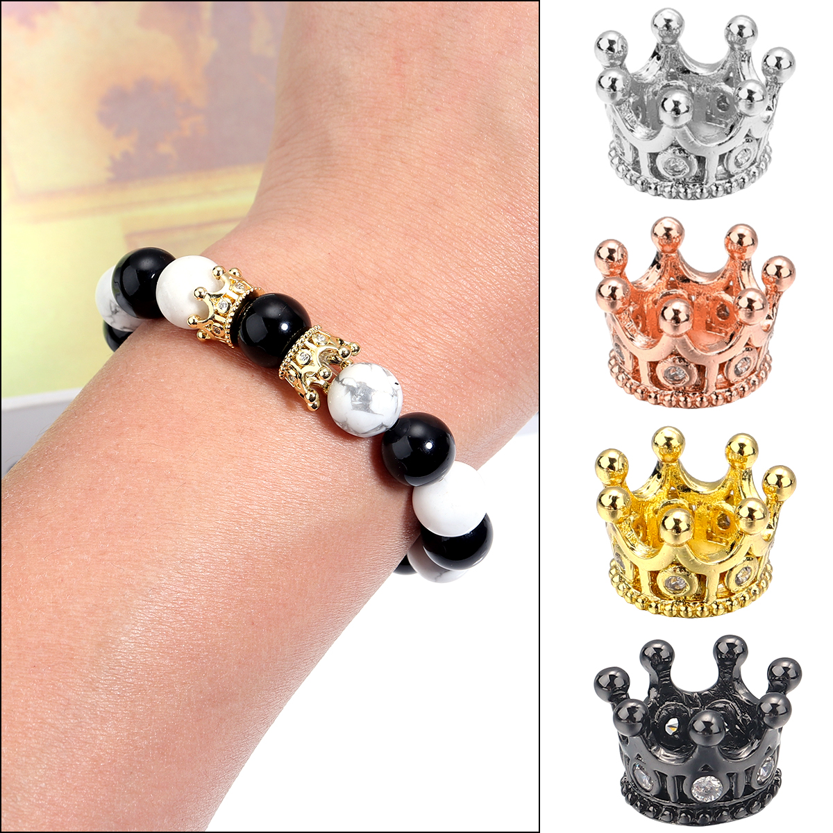 Rose Gold Bracelet - 2pcs/lot Copper Inlaid Zircon Crown Beads
